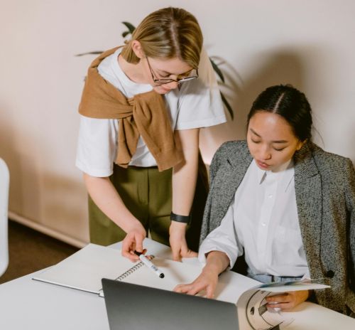 Two diverse colleagues brainstorm over a laptop in a modern office setting.